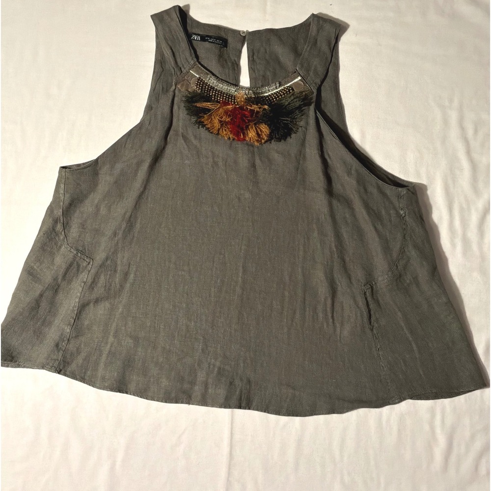 Zara Traful Women Olive Green 100% Linen Embellished Tassel Tank Top Size M